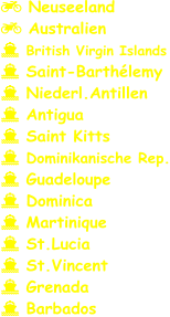  Neuseeland  Australien  British Virgin Islands  Saint-Barthélemy   Niederl.Antillen  Antigua  Saint Kitts  Dominikanische Rep.  Guadeloupe  Dominica  Martinique  St.Lucia  St.Vincent  Grenada  Barbados
